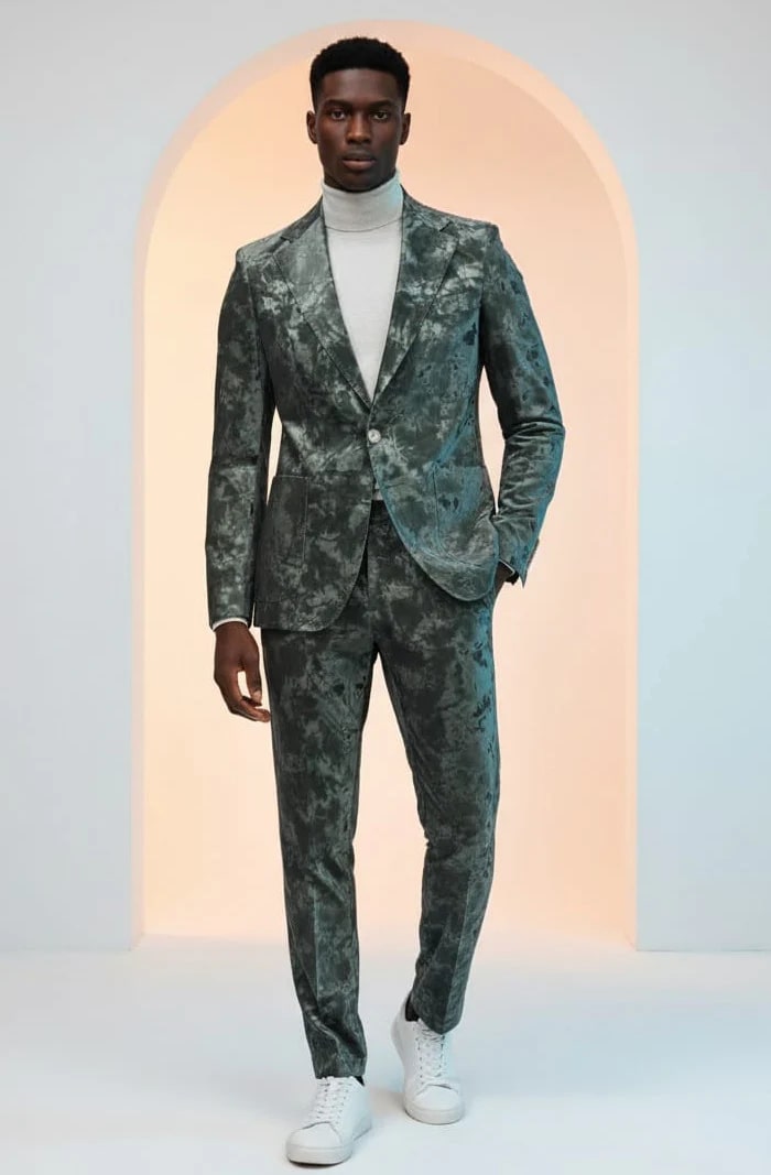 Mens 1 Button Slim Fit Faux Leather with Patch Pockets Green Suit - Image 3