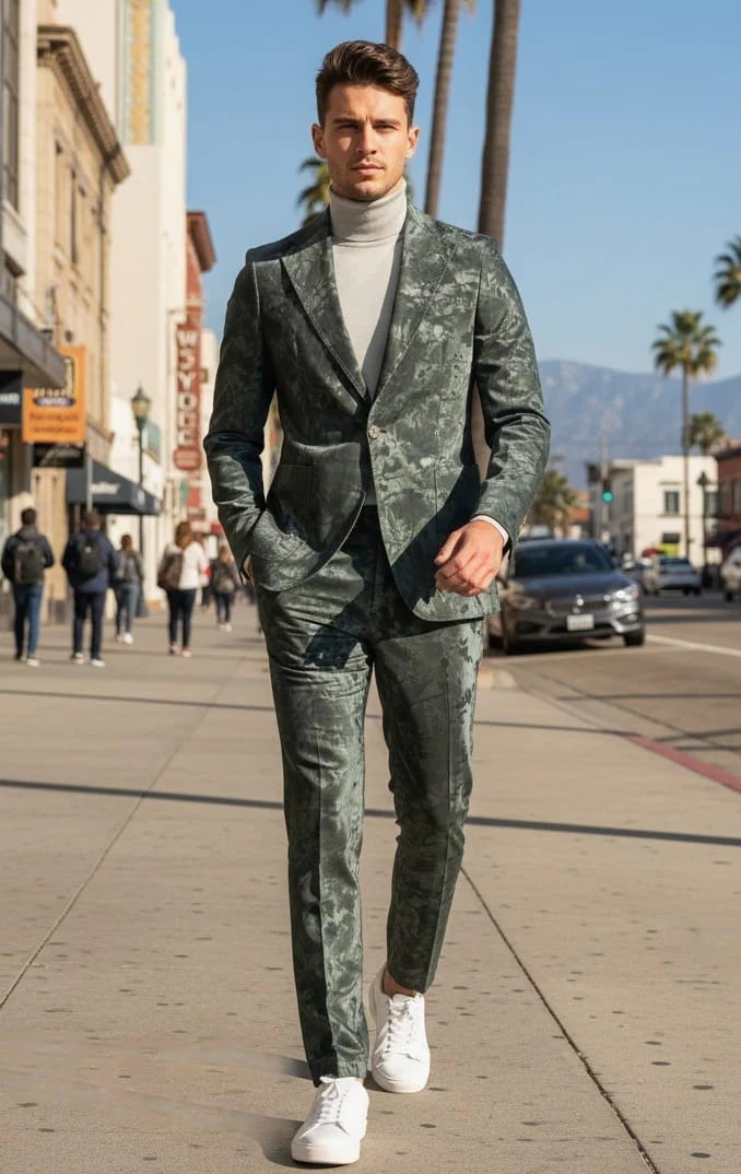 Mens 1 Button Slim Fit Faux Leather with Patch Pockets Green Suit - Image 2