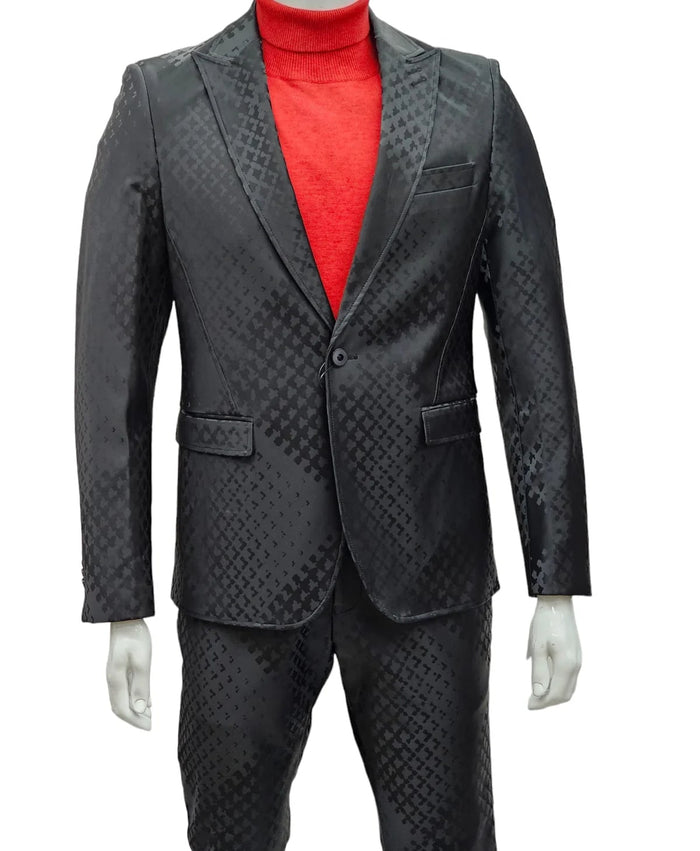 Mens One Button Peak Lapel Suit Black on Black Modern Fit
