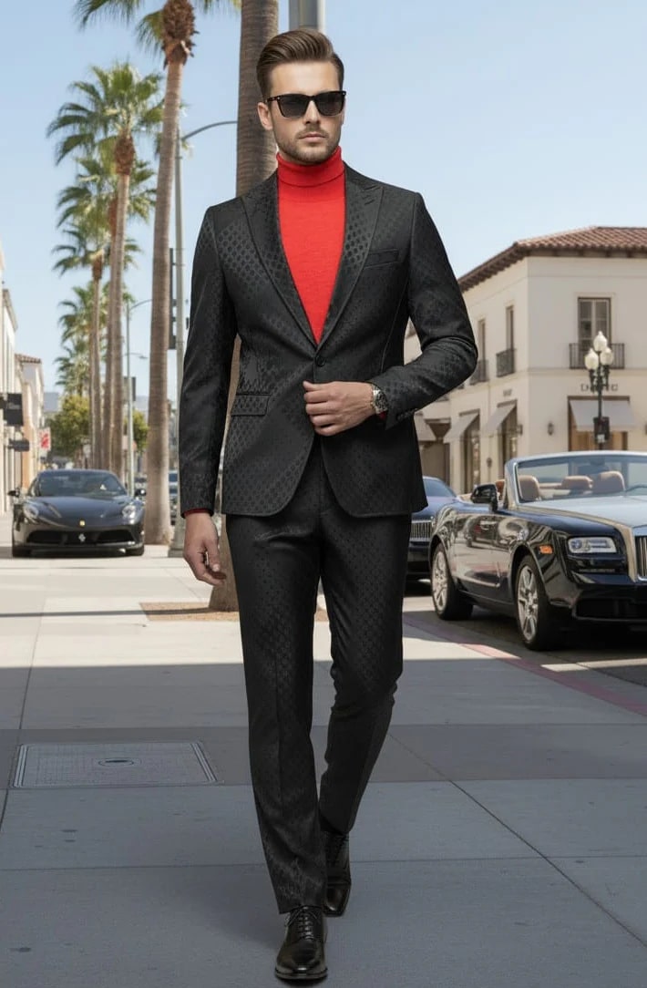 Mens One Button Peak Lapel Suit Black on Black Modern Fit