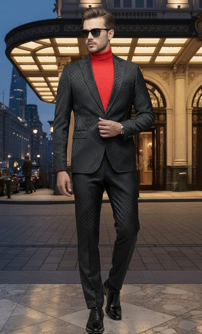 Mens One Button Peak Lapel Suit Black on Black Modern Fit