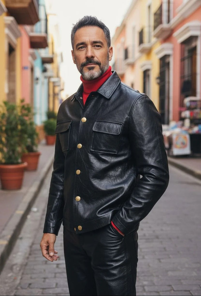 Mens Five Button Slim Fit Leather Suit Black - Image 2