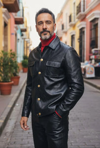 Mens Five Button Slim Fit Leather Suit Black