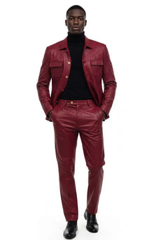 Two Piece Slim Fit Faux Leather Casual Suit Burgundy
