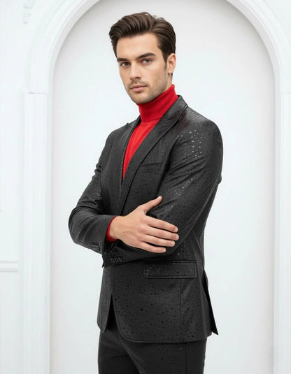 Mens One Button Peak Lapel Suit Black-Rain Modern Fit