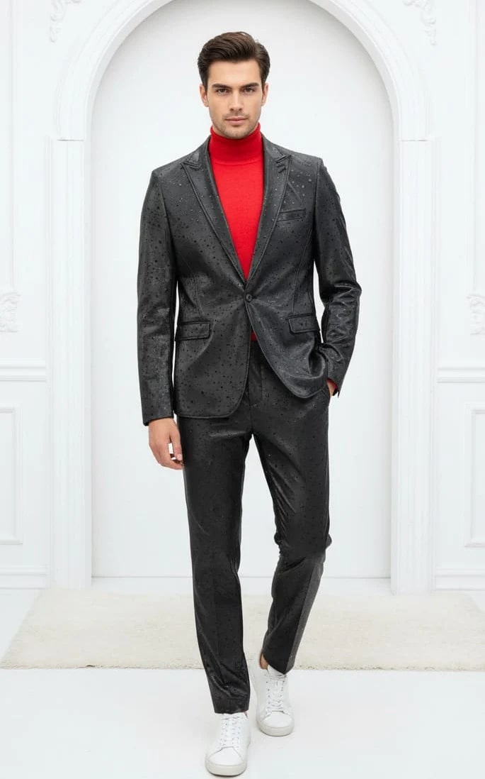 Mens One Button Peak Lapel Suit Black-Rain Modern Fit