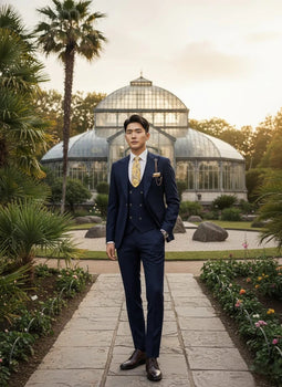 Giovanni Testi Navy Blue 3 Piece Suit – Slim Fit 1 Button Peak Lapel with Double Breasted Vest