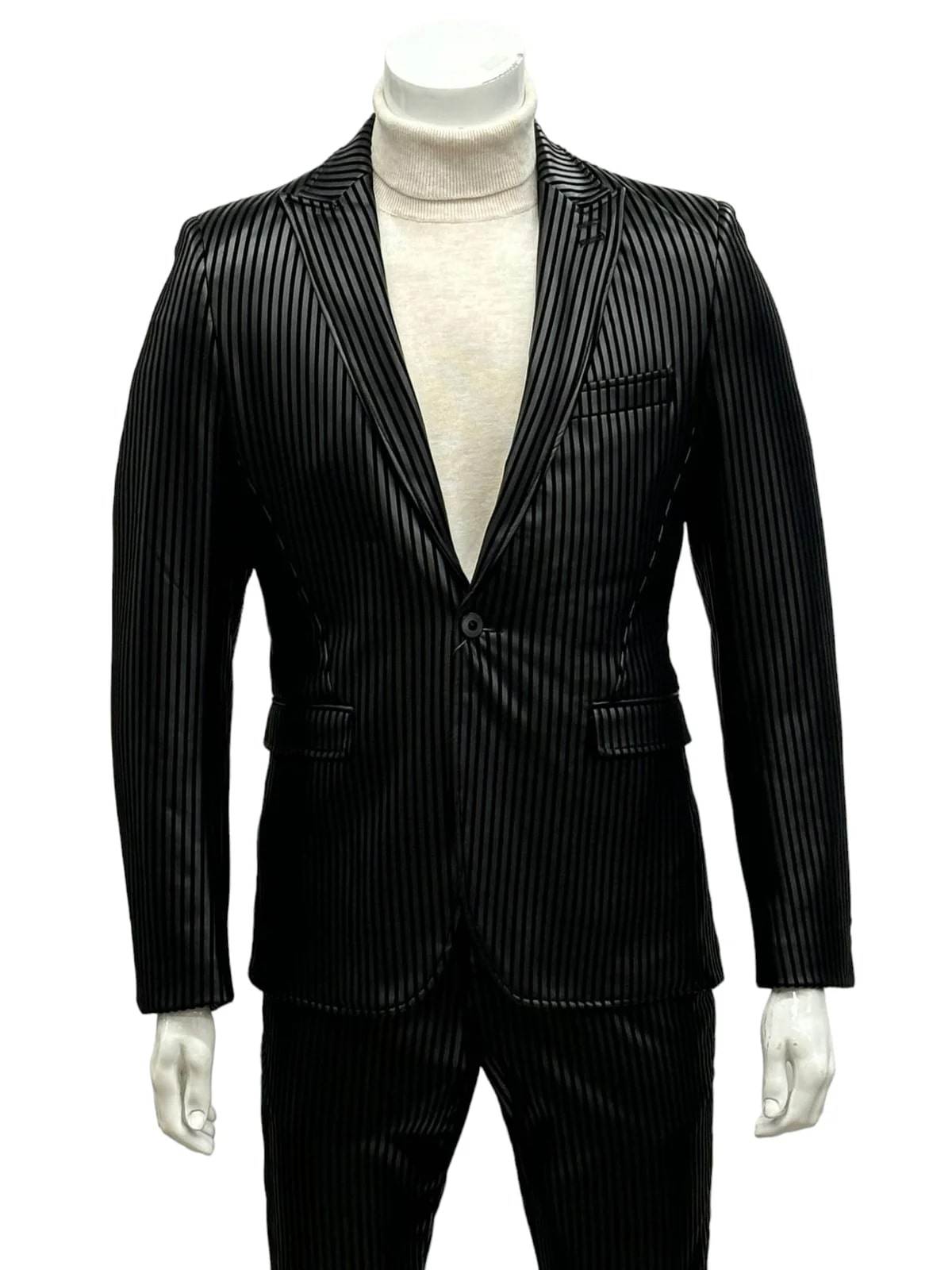 Mens One Button Side Vent Peak Lapel Suit Black Modern Fit