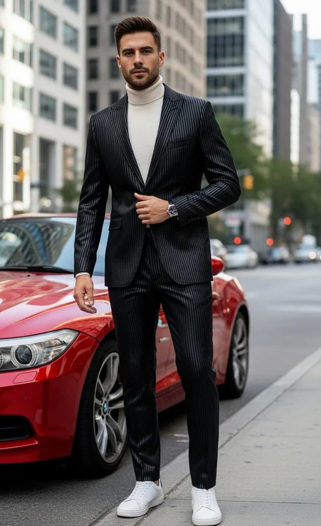 Mens One Button Side Vent Peak Lapel Suit Black Modern Fit