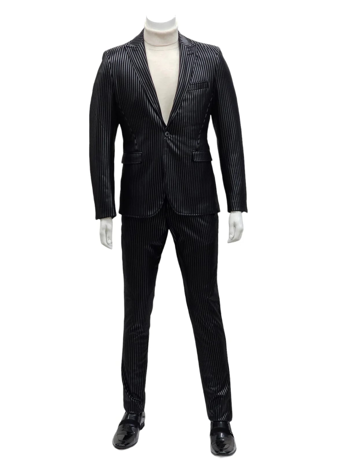 Mens One Button Side Vent Peak Lapel Suit Black Modern Fit