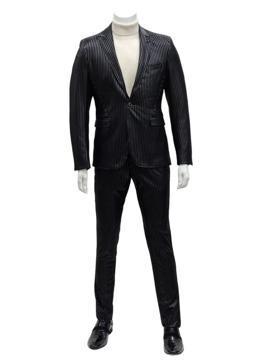 Mens One Button Side Vent Peak Lapel Suit Black