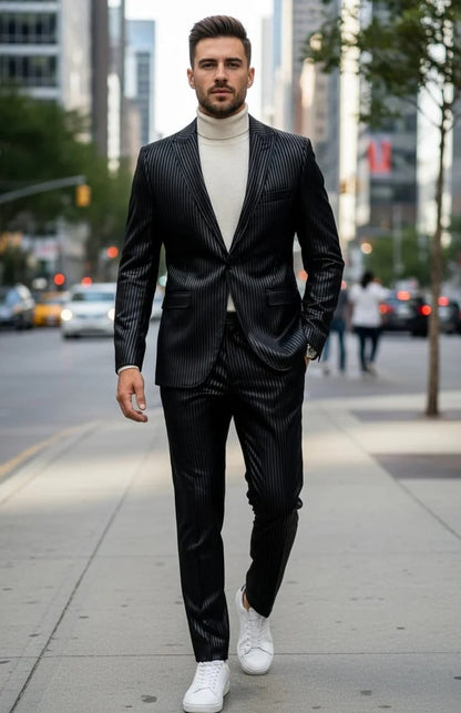 Mens One Button Side Vent Peak Lapel Suit Black Modern Fit