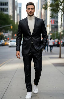 Mens One Button Side Vent Peak Lapel Suit Black