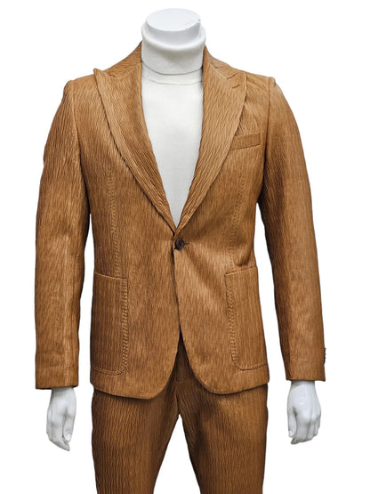 Mens 1 Button Peak Lapel Vegan Leather Suit Tan - Image 2