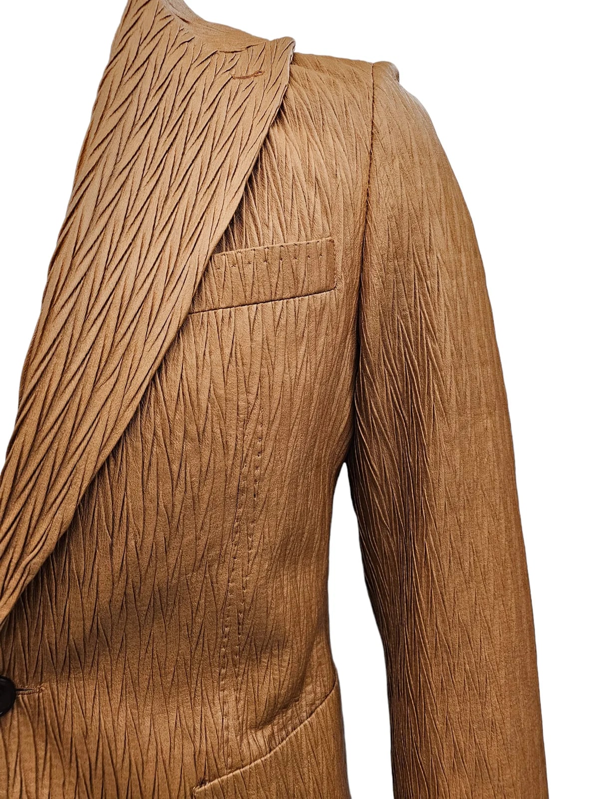 Mens 1 Button Peak Lapel Vegan Leather Suit Tan - Image 3