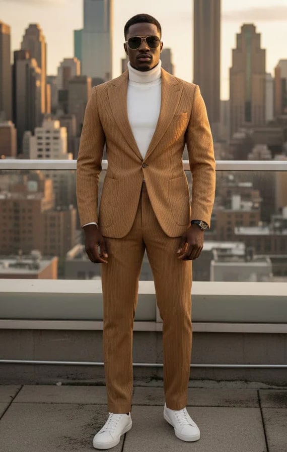 Mens 1 Button Peak Lapel Vegan Leather Suit Tan - Image 4