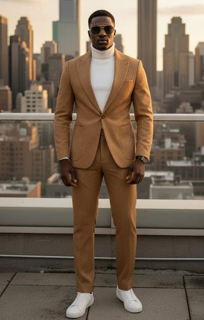 Mens 1 Button Peak Lapel Vegan Leather Suit Tan - Image 4