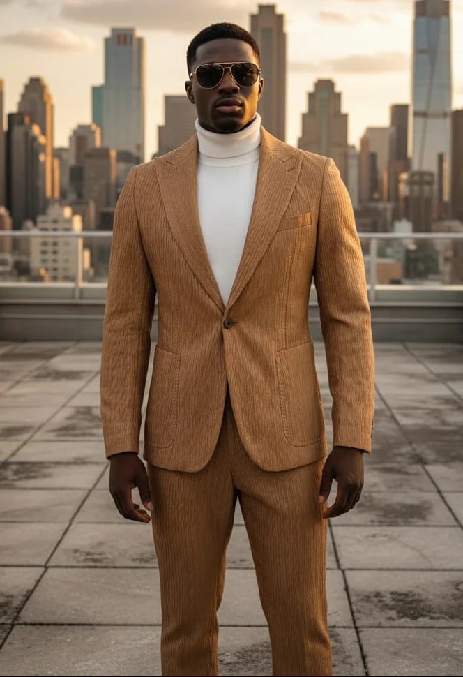 Mens 1 Button Peak Lapel Vegan Leather Suit Tan - Image 5