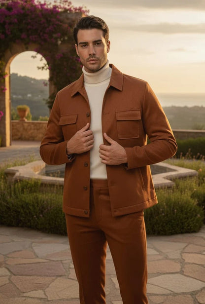 Mens Two Piece Slim Fit Faux Leather Casual Suit Brown