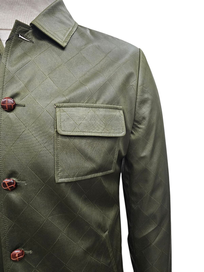 Mens Two Piece Slim Fit Faux Leather Casual Suit Olive