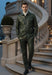 Mens Two Piece Slim Fit Faux Leather Casual Suit Olive