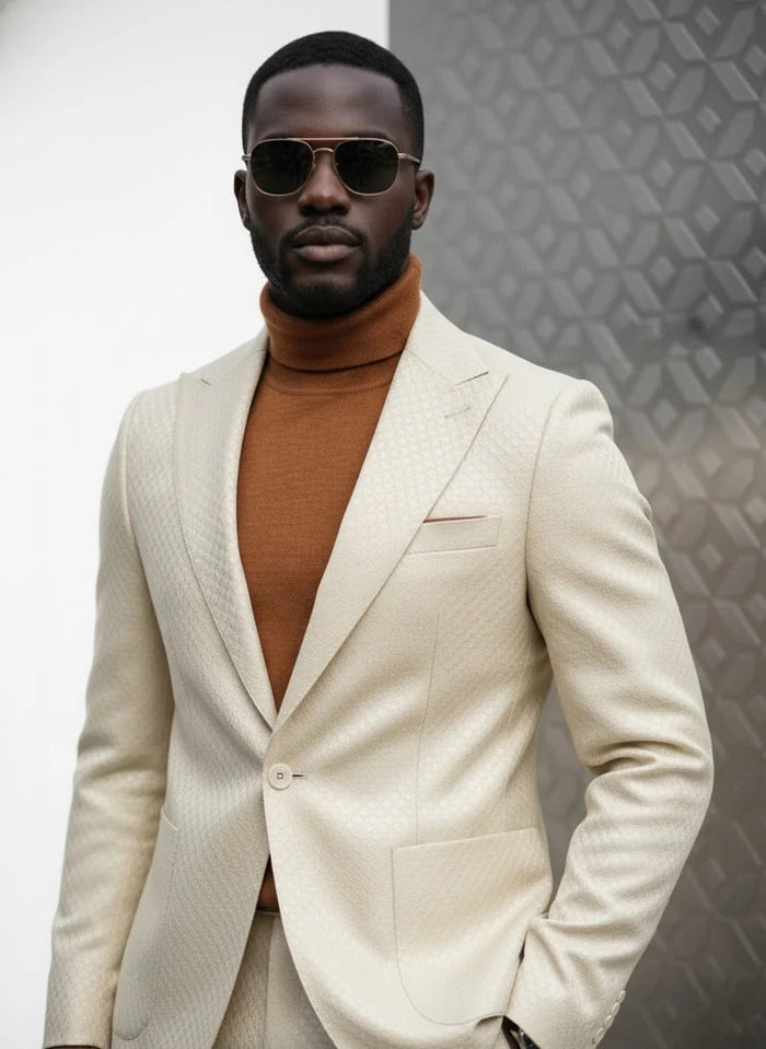 Mens One Button Peak Lapel Basket Weave Pattern Slim Fit Suit Ivory