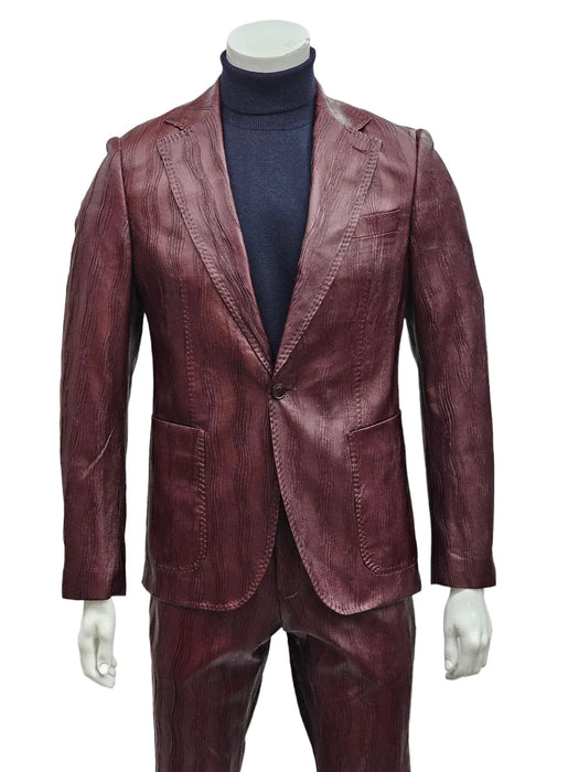 Mens One Button Notch Lapel Suit Burgundy