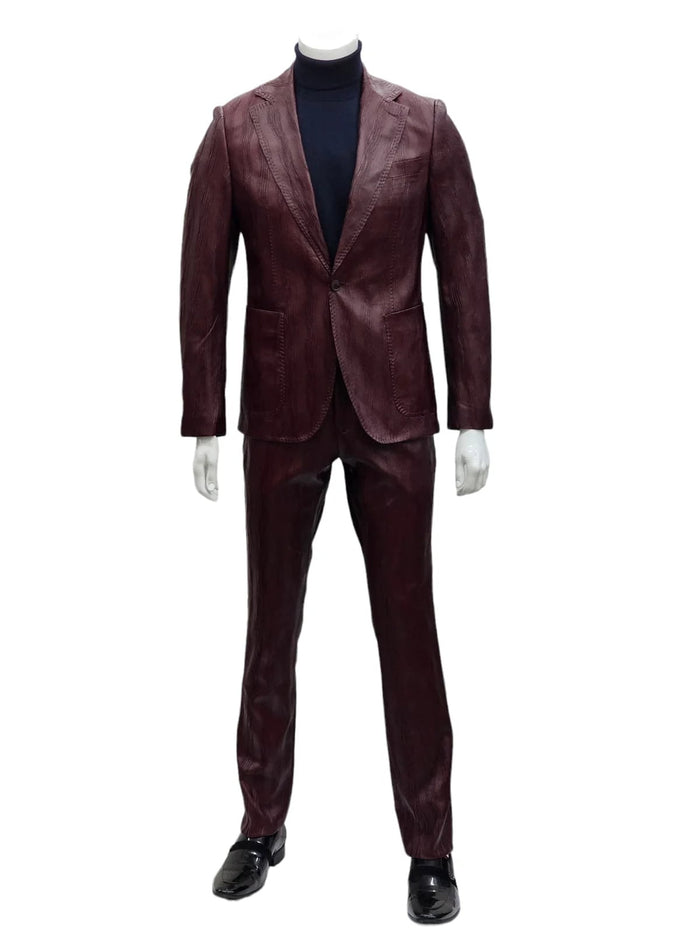 Mens One Button Notch Lapel Suit Burgundy Modern Fit