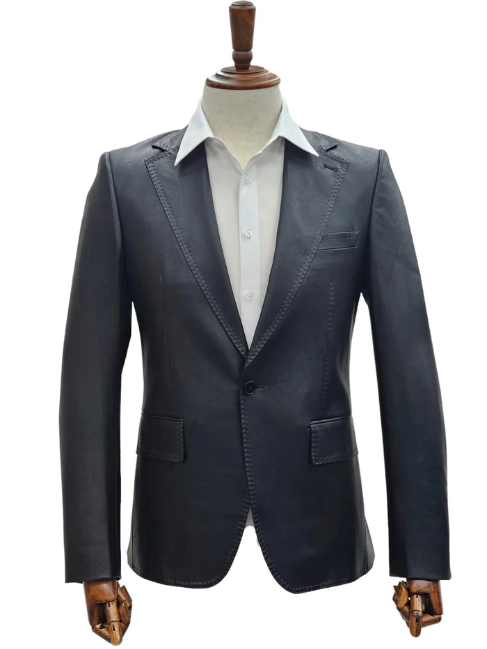 Mens Faux Leather Suit, Notch Lapel with Pick Stitching, 1 Button, Pocket Flaps, Center Vent - Slim Fitted in Color Blue - Image 3