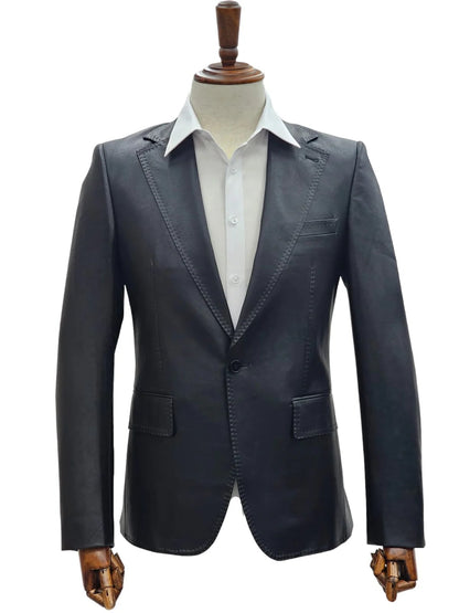 Mens 1 Button Slim Fit Leather Suit Black - Image 2
