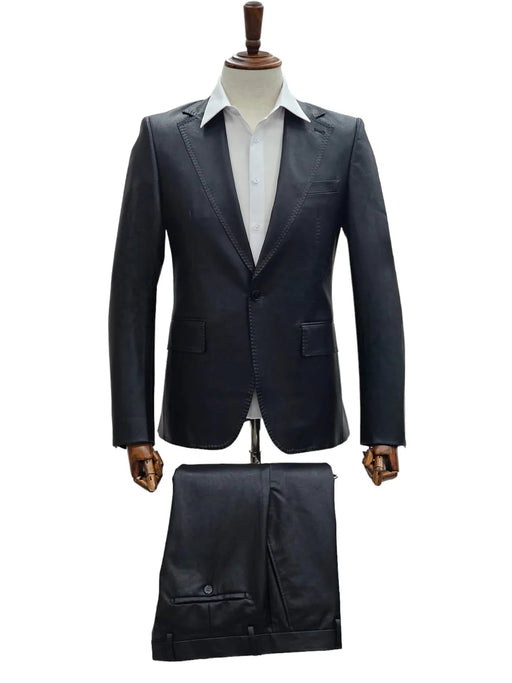 Mens Faux Leather Suit, Notch Lapel with Pick Stitching, 1 Button, Pocket Flaps, Center Vent - Slim Fitted in Color Blue