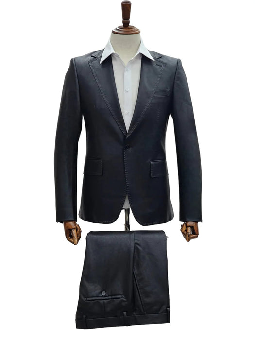 Mens Blue Slim Fit Faux Leather Suit – 1 Button Notch Lapel