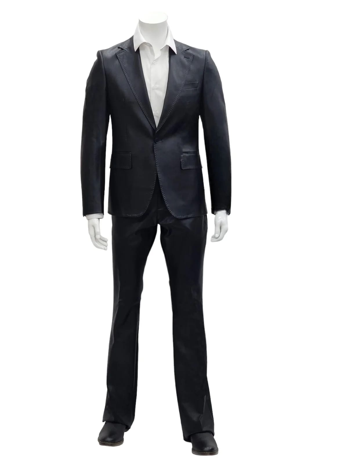 Mens Faux Leather Suit, Notch Lapel with Pick Stitching, 1 Button, Pocket Flaps, Center Vent - Slim Fitted in Color Black - Image 2