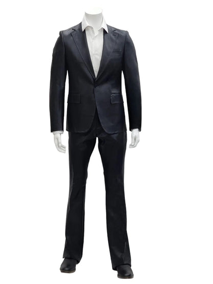 Mens Faux Leather Suit, Notch Lapel with Pick Stitching, 1 Button, Pocket Flaps, Center Vent - Slim Fitted in Color Black - Image 2