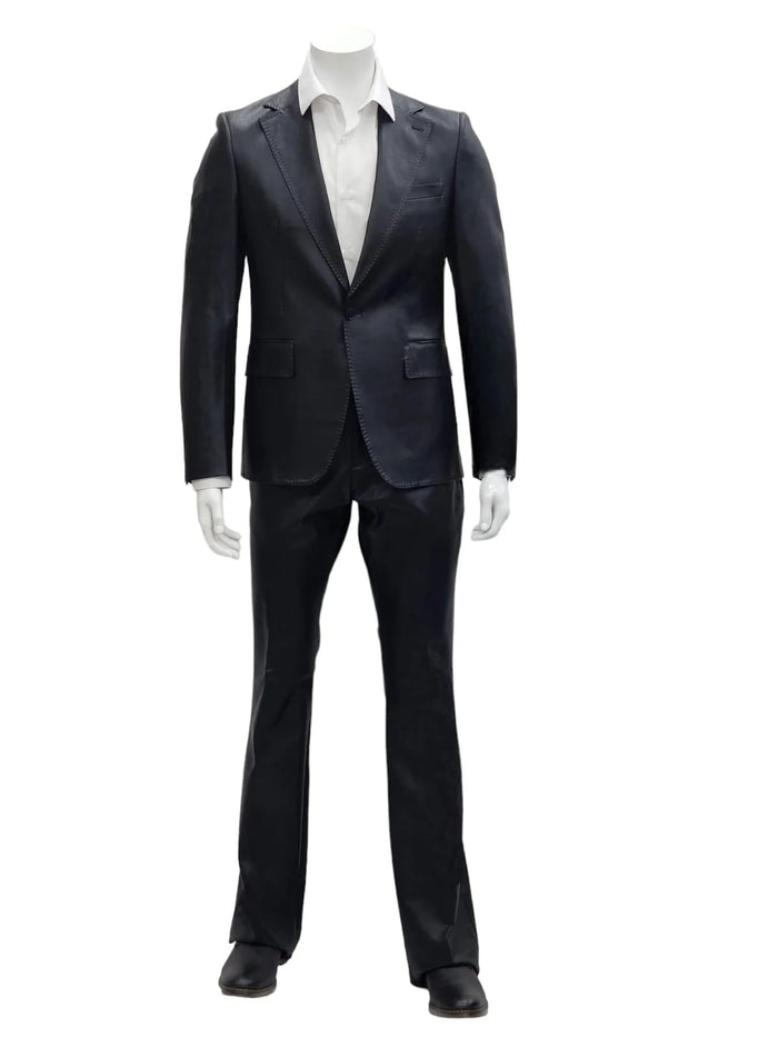 Mens Faux Leather Suit, Notch Lapel with Pick Stitching, 1 Button, Pocket Flaps, Center Vent - Slim Fitted in Color Black - Image 2