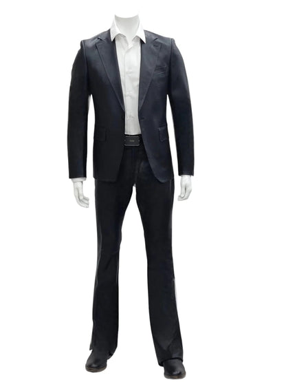 Mens Faux Leather Suit, Notch Lapel with Pick Stitching, 1 Button, Pocket Flaps, Center Vent - Slim Fitted in Color Black - Image 4