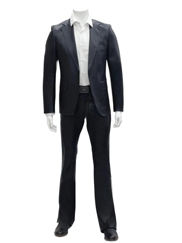 Mens Faux Leather Suit, Notch Lapel with Pick Stitching, 1 Button, Pocket Flaps, Center Vent - Slim Fitted in Color Black - Image 4