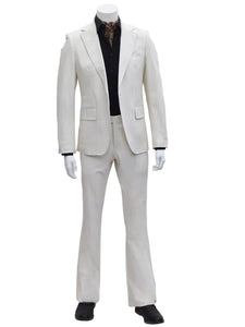 Mens Faux Leather Suit, Notch Lapel with Pick Stitching, 1 Button, Pocket Flaps, Center Vent - Slim Fitted in Color Bone
