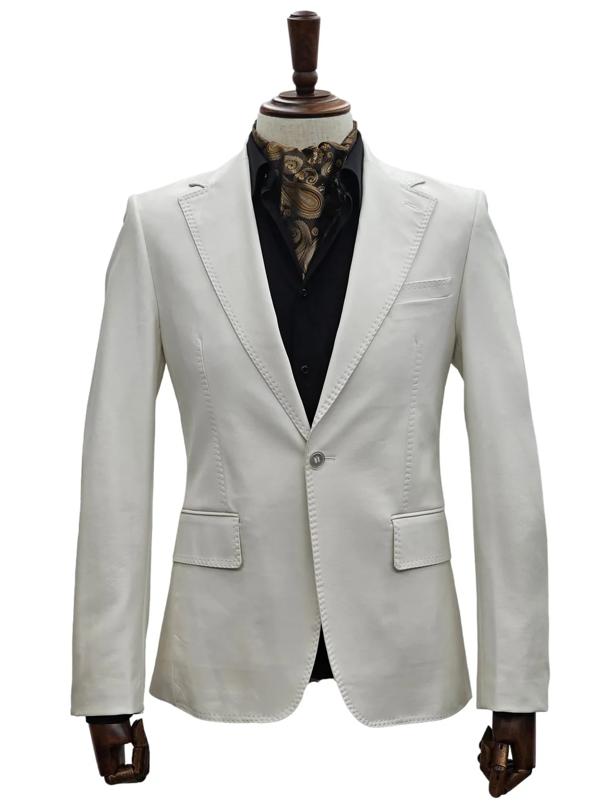 Mens 1 Button Slim Fit Leather Suit Bone - Image 2