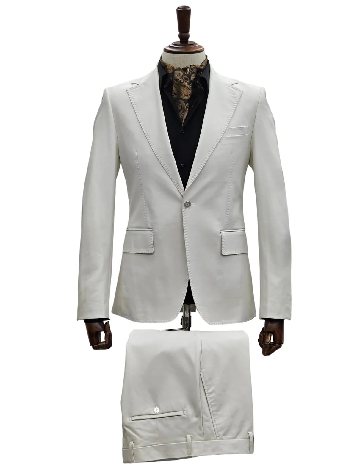 Mens 1 Button Slim Fit Leather Suit Bone - Image 3