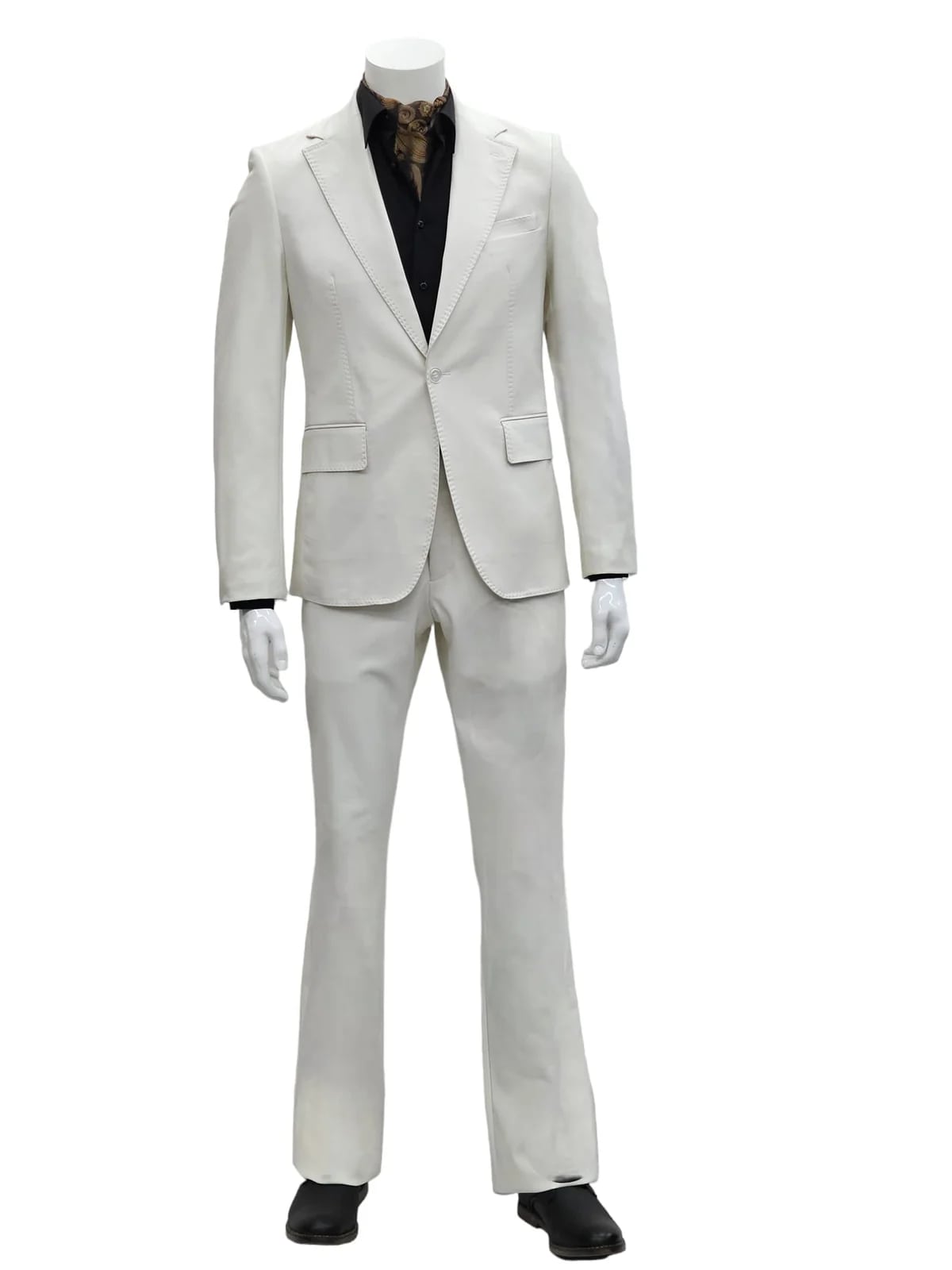 Mens Faux Leather Suit, Notch Lapel with Pick Stitching, 1 Button, Pocket Flaps, Center Vent - Slim Fitted in Color Bone - Image 3