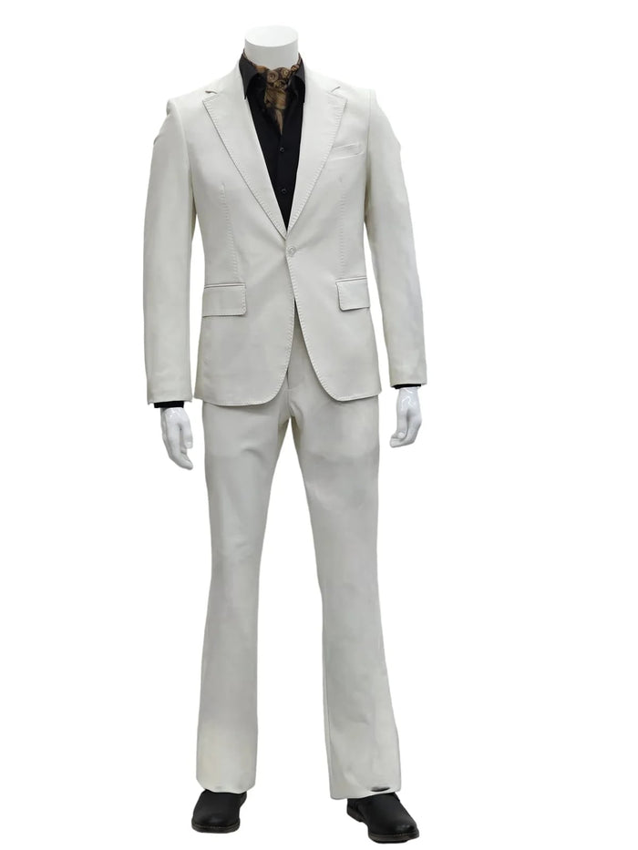 Mens Faux Leather Suit, Notch Lapel with Pick Stitching, 1 Button, Pocket Flaps, Center Vent - Slim Fitted in Color Bone - Image 3