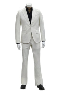 Mens Faux Leather Suit, Notch Lapel with Pick Stitching, 1 Button, Pocket Flaps, Center Vent - Slim Fitted in Color Bone