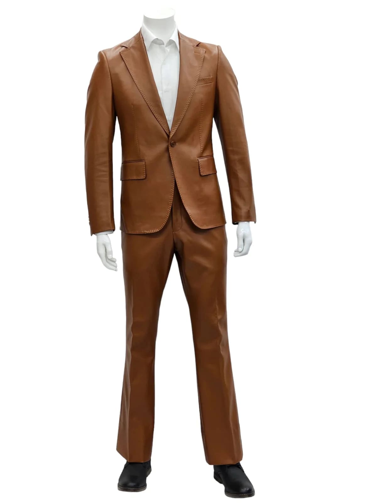 Mens Faux Leather Suit, Notch Lapel with Pick Stitching, 1 Button, Pocket Flaps, Center Vent - Slim Fitted in Color Caramel - Image 4