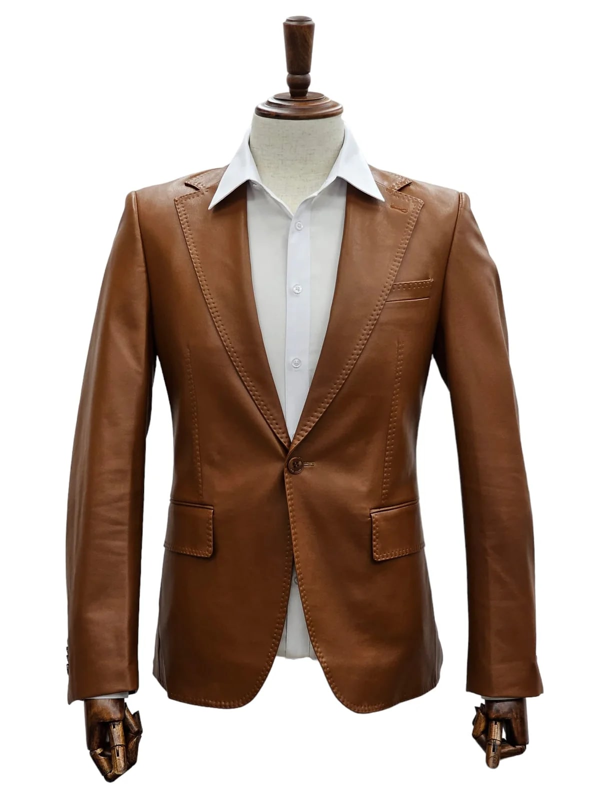 Mens Faux Leather Suit, Notch Lapel with Pick Stitching, 1 Button, Pocket Flaps, Center Vent - Slim Fitted in Color Caramel - Image 3