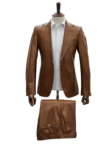 Mens Faux Leather Suit, Notch Lapel with Pick Stitching, 1 Button, Pocket Flaps, Center Vent - Slim Fitted in Color Caramel