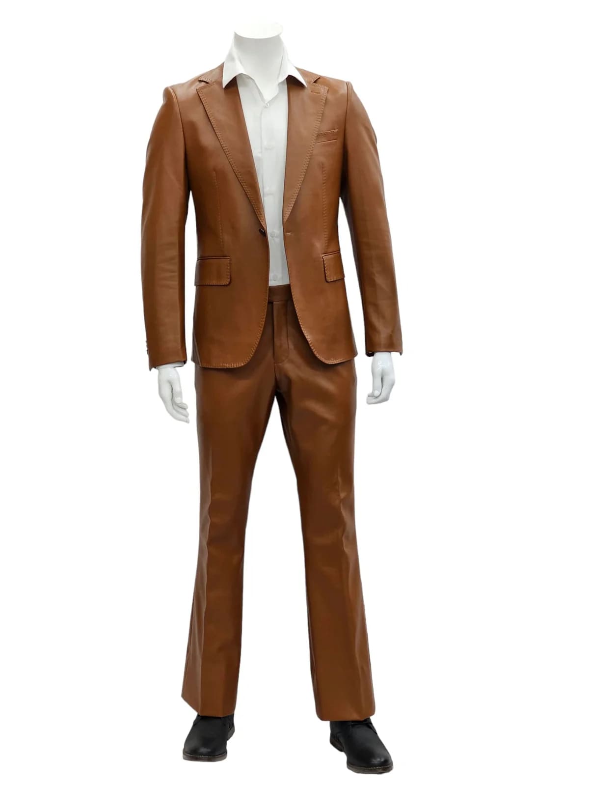 Mens Faux Leather Suit, Notch Lapel with Pick Stitching, 1 Button, Pocket Flaps, Center Vent - Slim Fitted in Color Caramel - Image 2