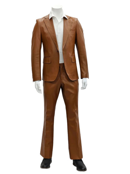 Mens Faux Leather Suit, Notch Lapel with Pick Stitching, 1 Button, Pocket Flaps, Center Vent - Slim Fitted in Color Caramel - Image 2