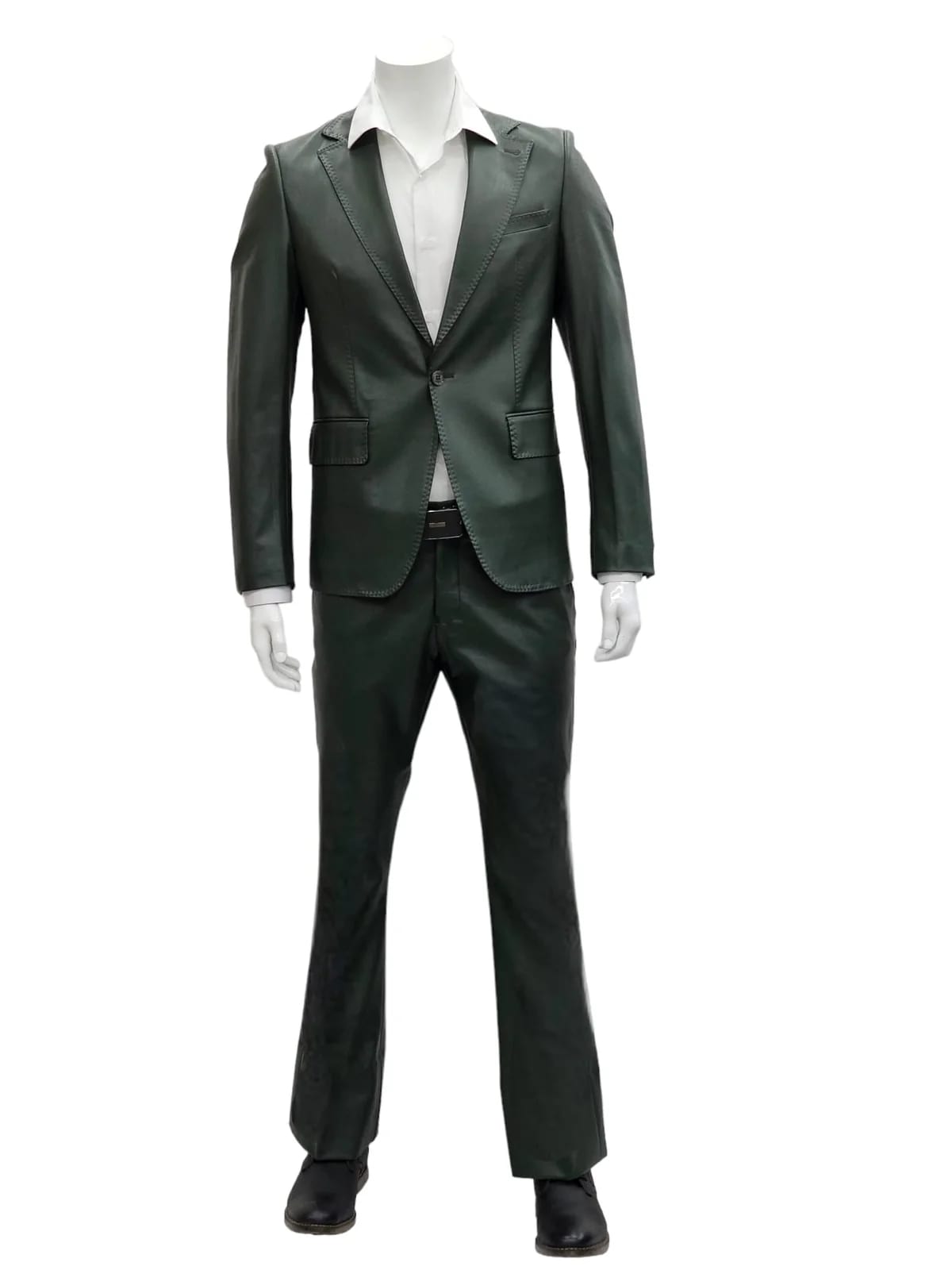 Mens Faux Leather Suit, Notch Lapel with Pick Stitching, 1 Button, Pocket Flaps, Center Vent - Slim Fitted in Color Olive - Image 2