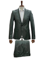 Mens Faux Leather Suit, Notch Lapel with Pick Stitching, 1 Button, Pocket Flaps, Center Vent - Slim Fitted in Color Olive